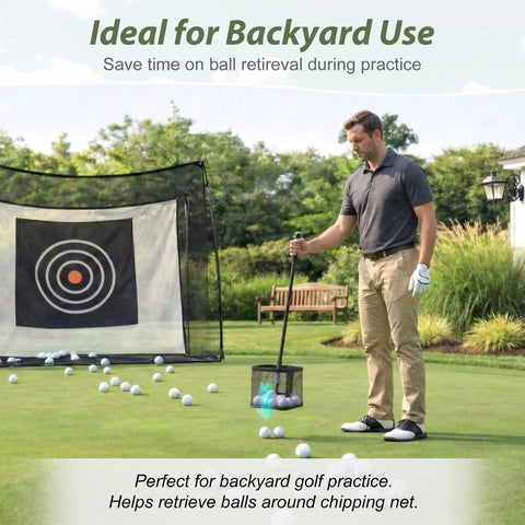 Man using No Bend Golf Ball Picker Upper With Turf Friendly Design For Backyard Practice And Training Quick Ball Retrieval Large Capacity Holder Easy On The Lawn Classic Black on grass with target net in background.