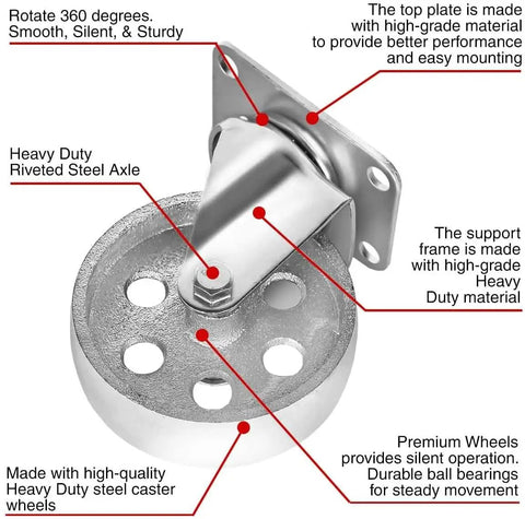 4 Inch All Steel Plate Casters Heavy Duty Iron Rollers showing riveted steel axle and premium wheels for steady movement.