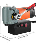 Rock Solid 1300W Portable Magnetic Drill Press With Integrated Cooling, Compact Low Profile Body, Beast Mode 10000N Base side view with size dimensions.