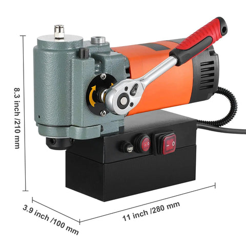 Hefty Power 1300W Magnetic Drill Press giving 10000N rock solid grip with orange and gray body, precise dimensions shown for compact use.