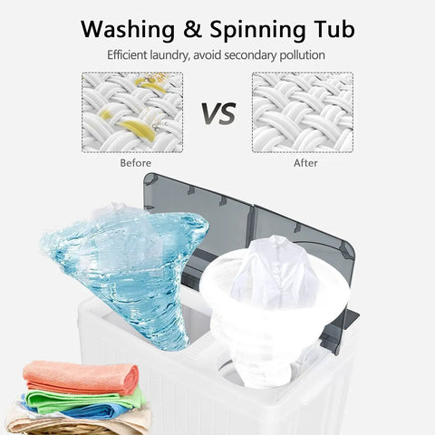 Straight Up A Smooth Portable Washing Machine With Twin Tub Layout, 26 Lbs Total Capacity Including An 18 Lbs Washer Plus 8 Lbs Spinner, Compact Electric Laundry Setup With Manual Dials And Drain Pump, A Truly No Sweat Game Changer For Apartments And showing washing and spinning tubs comparison.