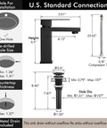 Matte Black Single Hole Bathroom Faucet For Modern Vanity Stainless Steel Lead Free 18 8 NSF And cUPC Certified Easy Install Water Saving Design Durable Finish For A Sharp Modern Look with installation dimensions and connections displayed.