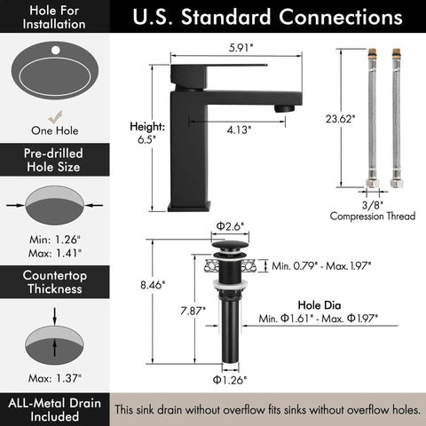 Diagram showing dimensions for Matte Black One Hole Bathroom Faucet With Pop Up Drain Stopper and installation specs.