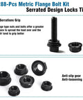 288 Piece Metric Flange Bolt Kit With M6 M8 M10 Bolts, Nuts And Washers in black zinc alloy steel, serrated design close-up.