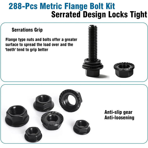 288 Piece Metric Flange Bolt Kit With M6 M8 M10 Bolts, Nuts And Washers in black zinc alloy steel, serrated design close-up.