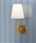 Blue Floral Stripe Wallpaper Featuring Silver Metallic Accents And Textured Fibrous Weave For Dope High End Vibes, with gold wall sconce.