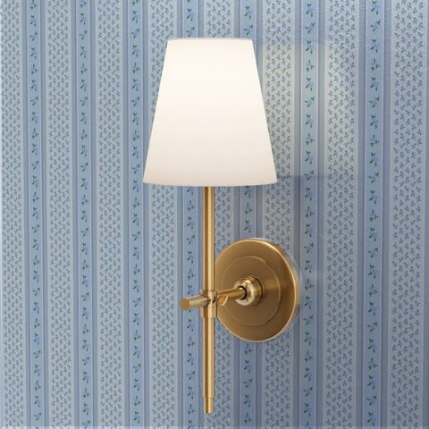 Blue Floral Stripe Wallpaper Featuring Silver Metallic Accents And Textured Fibrous Weave For Dope High End Vibes, with gold wall sconce.