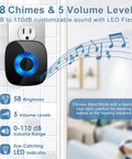 Dope Wireless Doorbell Kit With 2 Transmitters And 3 Receivers, 58 Ringtones, LED strobe, showing customizable volume settings.