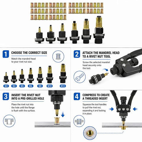 Rivet Nut Pliers And Mandrel Kit For M3 To M12 Rivet Nuts In Carbon Steel, Broad Metric Coverage For Automotive, Workshop, And Home Repairs, Ready To Use Mandrels And Quick Change System, M3-M12 mandrels and tool setup