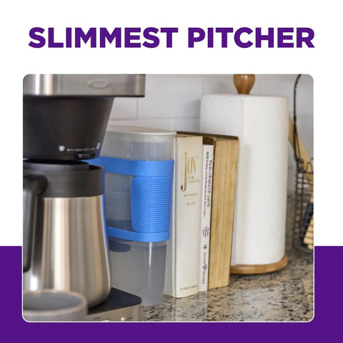 Slim Water Filter Pitcher With 8 Cup Capacity For Dorms And Mini Fridges Compact Design Dishwasher Safe Fast Filtration, blue