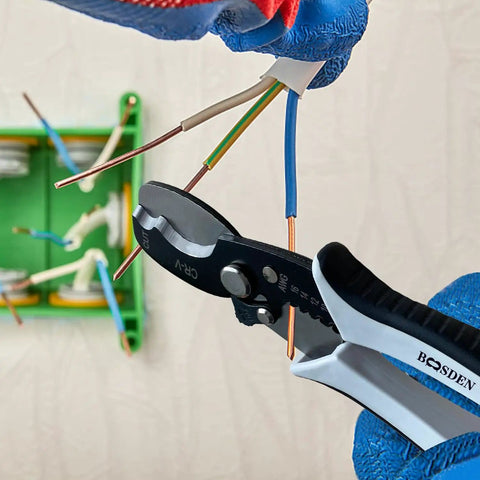 Close-up of Pro Grade All In One Wire Cutters and Stripper for Pros 8 inch heavy duty cutting and stripping cable.