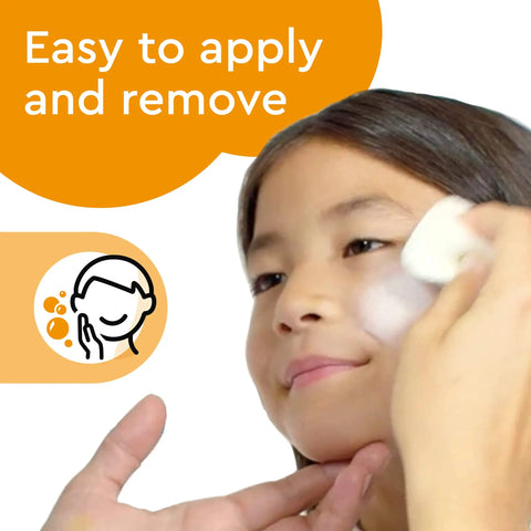 Child having Top Shelf Fantasy Face Paint Palette Kit Featuring Skin Safe Cosmetics Grade Pigments applied with a sponge.