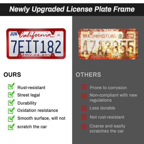 Comparison of Stainless Steel 4 Hole License Plate Frames For US Vehicles Red With Screws Washers And Caps and corroded plate