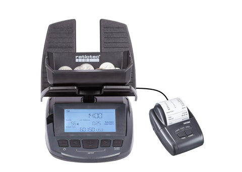 RS 2200 Money Counting Scale With RTP 300 Report Printer for fast cash handling, counting coins by weight, digital display visible