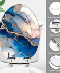 Elongated Decorative Toilet Seat for Bathroom with blue and gold marbled design, fits most toilets, stainless steel hinges.