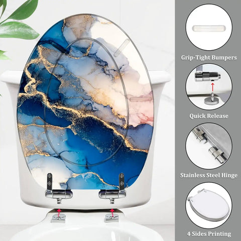 Elongated Decorative Toilet Seat for Bathroom with blue and gold marbled design, fits most toilets, stainless steel hinges.