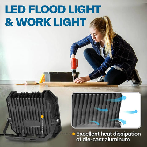 Woman using drill indoors with enlarged view of 2 Pack 100W LED Flood Lights Outdoor With 10000LM Each, IP65 Waterproof 6000K Exterior Floodlight's heat sink.