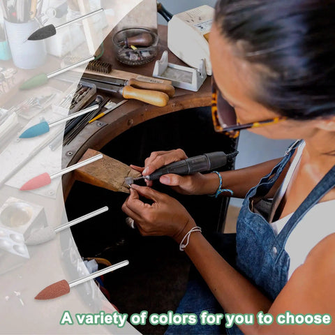 Person using a rotary tool with Polishing Bit Set For Rotary Tool, 0.23 Inch Dia Silicone Pointed Buffing Wheel Kit, 6mm tips