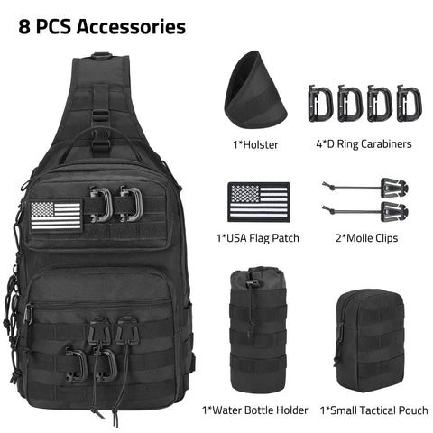 Tactical Sling Bag For Men Detachable Water Bottle Holder MOLLE Backpack With Hidden Pocket EDC Day Pack Accessories Display