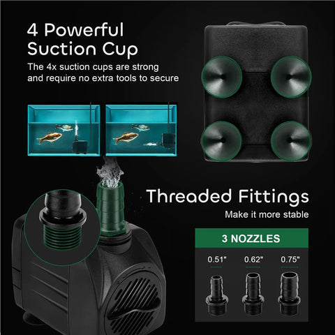 Ultra Quiet Submersible Pump 550GPH 30W With 7.2Ft Lift And 2000LPH Flow, featuring 4 suction cups and 3 threaded nozzles.