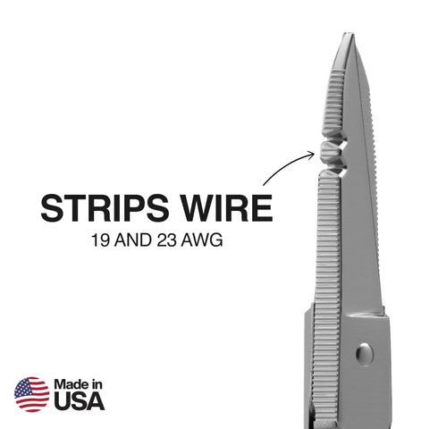Close-up of Electrician Scissors With Stripping Notches Nickel Plated 5.25 Inch Snips for Datacom Telecom, Made in USA.