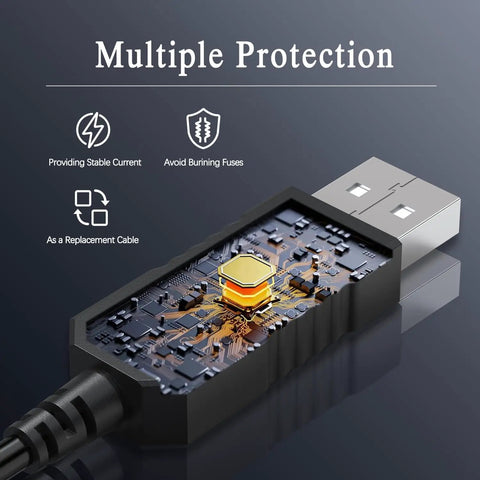 Close-up of Replacement Radar Detector Cable USB to RJ11 Power Cord 5 Feet Long showing internal circuitry and multiple protection features