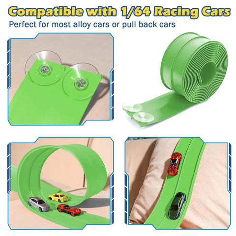 Awesome Flexible Race Track For Kids 3 Plus 15 Foot Roll Up Car Track With Strong Suction Cups Compatible With Diecast One Sixty Fourth Scale Cars And Monster Trucks Easy Roll Up Ramp Snaps Together For Big Time Races shown with track details.
