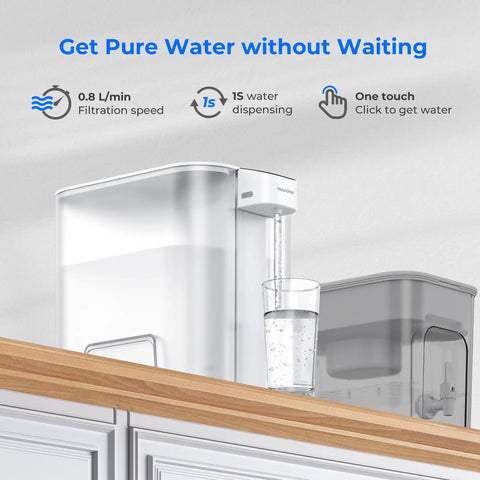 Mega Electric Water Filter Dispenser For Home Use, 27-Cup Capacity, 200-Gallon system pouring water into glass from countertop