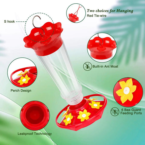 2 Pack 10oz Plastic Hummingbird Feeder With Ant And Bee Proof Design, Six Flower Shaped Feeding Ports, Easy Clean Red
