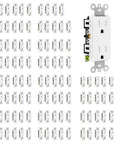 No Sweat 100 Pack White Duplex Receptacles Boasting Easy Peasy Push Wire Hookups And Built Tough Tamper Resistant Panels shown in bulk arrangement.