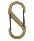 Dual S Shaped Carabiner Clip Size 4 for Keys and Gear, two gates, glass filled nylon with stainless steel, beige color, close-up