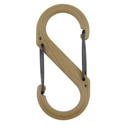 Dual S Shaped Carabiner Clip Size 4 for Keys and Gear, two gates, glass filled nylon with stainless steel, beige color, close-up