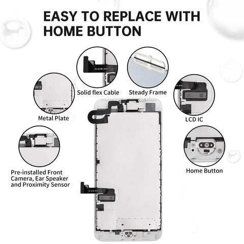 iPhone 7 Plus Screen Replacement Kit With Full Front Assembly Including Home Button Front Camera Ear Speaker Earpiece Frame And Screen Protector Plus Repair Tools A1784 A1785 A1661 showing components overview