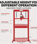 12 Ton Hydraulic Shop Press With Movable Press Plates H-Frame Floor Bearing Pro Grade Power dimensions and features shown