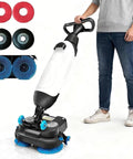 Industrial Commercial 2-in-1 Floor Polisher And Sweeper Self-Propelled With 360-Degree Rotating Head, showcasing brush heads and user.