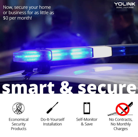 Police car with blue lights, offering smart and secure solutions including economical security, DIY installation, and no contracts.