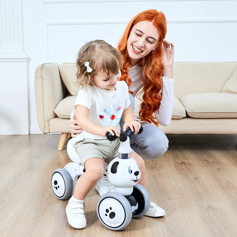 Child riding Mini Balance Bike Toy For Toddlers 10-36 Months, No Pedals Ride On Walker with Silent Wheels, Blink Eye Spotty Dog Design