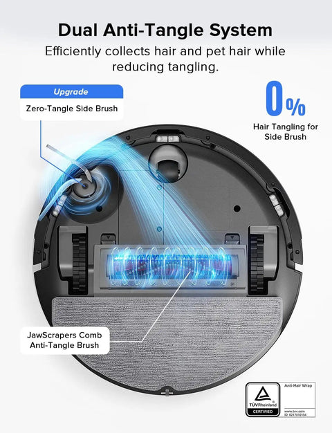 Q7 L5 All-In-One Robot Vacuum And Mop Combo With 8000 Pa Suction, Dual Anti-Tangle System underside with zero-tangle brush