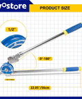 Heavy Duty 1/2 Inch Manual Tubing Bender With Smooth Roll Action showing product size details and bending range from 0 to 180 degrees.