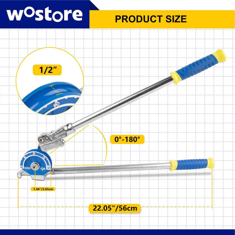 Heavy Duty 1/2 Inch Manual Tubing Bender With Smooth Roll Action showing product size details and bending range from 0 to 180 degrees.