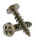 Size Six By Five Eighths Pyramid Head Phillips Wood Screws Crafted From Tough Steel Sporting A Top Shelf Antique Brass Finish In Pack Of Twenty Five close-up view.