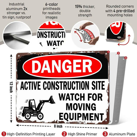 Funny Metal Sign Danger Active Construction Site Aluminum Sign 8x12 Inch details and features illustration