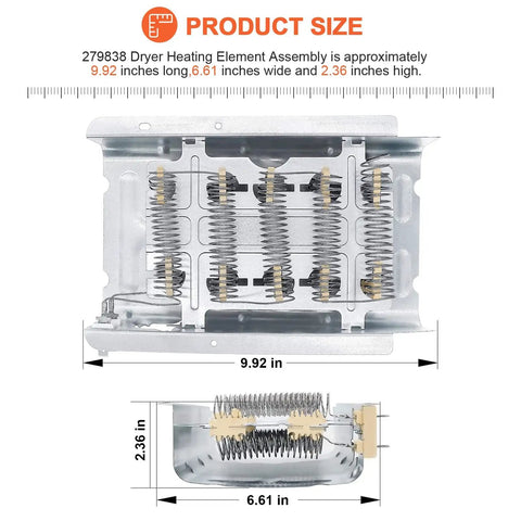 Hot Shot Dryer Heating Element Replacement 279838 product dimensions and heating coil detail, compatible with Whirlpool Kenmore.
