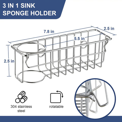 Heavy Duty 304 Stainless Steel 3 In 1 Kitchen Sink Sponge Caddy With Grip Tight Suction And Quick Peel Stick Mounts For Sponges Brushes And Cleaning Supplies Zero Drilling Required