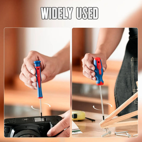 Person using 21 Piece Magnetic Screwdriver Set With Cushion Grip Includes Phillips Slotted Torx Precision Drivers Pro Grade Quality With Tester And Magnetizer For DIY Projects And Tech Repairs on electronics and wood assembly