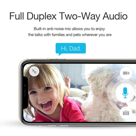 1080p Plug-In WiFi Indoor Security Camera With AI Motion Detection, Two-Way Audio shown on phone app with child and pet