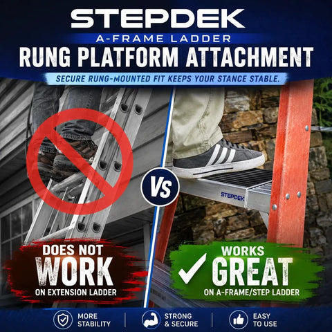 Side-by-side comparison of Heavy Duty Aluminum Ladder Platform Attachment For A Frame Steps showing foot placement for stability.