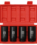 Deep Axle Nut Impact Socket Set For Half Inch Drive With 12 Point Design In CR MO Steel Extra Deep Metric Sockets 30mm 32mm 34mm 36mm Heavy Duty Auto Maintenance Kit With Case displayed in red storage case.