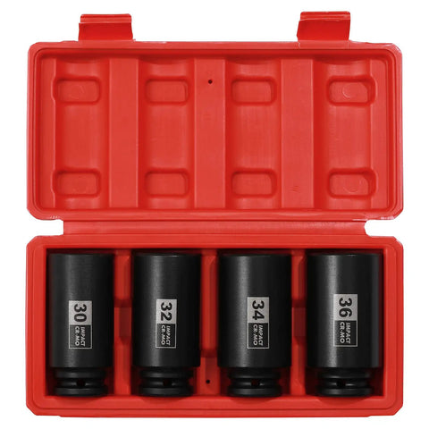 Deep Axle Nut Impact Socket Set For Half Inch Drive With 12 Point Design In CR MO Steel Extra Deep Metric Sockets 30mm 32mm 34mm 36mm Heavy Duty Auto Maintenance Kit With Case displayed in red storage case.