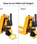 Installation steps for heavy duty pallet truck stopper chock; shown with pallet jack in yellow friction bottom design